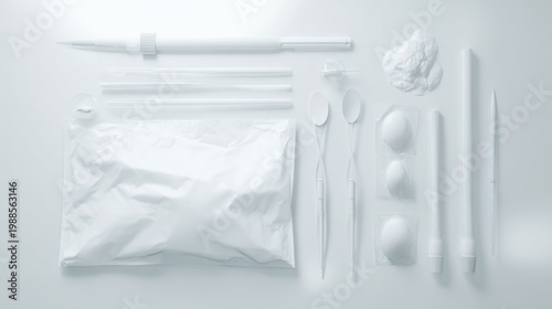 Minimalist arrangement of white objects on a white surface for versatile uses