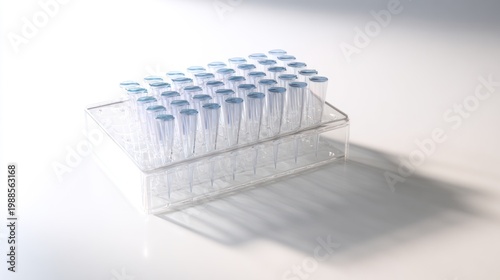 Clear laboratory pipette tips in a container on a white surface