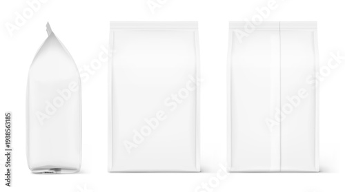 Vertical gusset bag mockup for food, sport nutrition. Front, side and back views. Vector illustration isolated on white background. Can be use for template your design. EPS10.