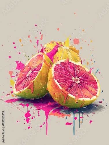 A vibrant watercolor illustration of grapefruit halves with juice splatters