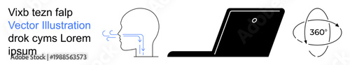 Health education, respiratory system, digital devices, 360-degree navigation, tech presentation, virtual environment. Outline of breathing anatomy, laptop and 360-degree symbol. Health education