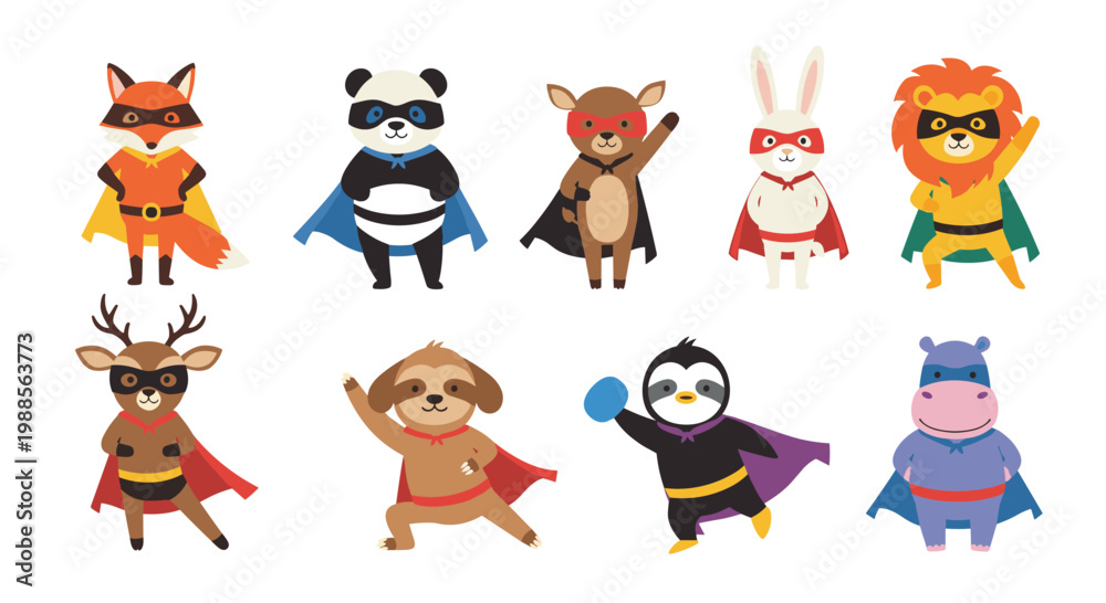 Obraz premium Collection of cute cartoon animals dressed as superheroes with masks and capes in various dynamic poses on white background.
