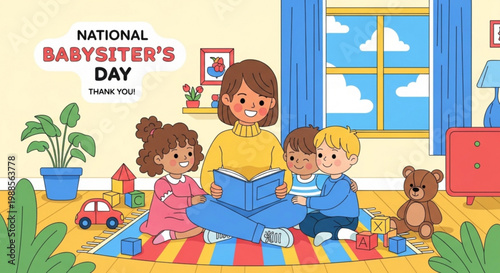 Babysitter reading to children on national babysitter's day in cozy home nursery with toys and plants