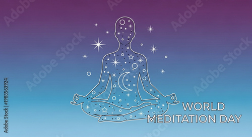 Meditating person with celestial symbols on body world meditation day yoga mindfulness relaxation calmness serenity spirituality inner peace wellness