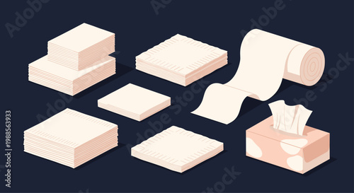 Set of different types of paper products including stacked napkins, facial tissues in a box, and a roll of paper towels.