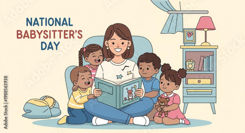 Babysitter reads to children on national babysitter's day in cozy living room with soft lighting
