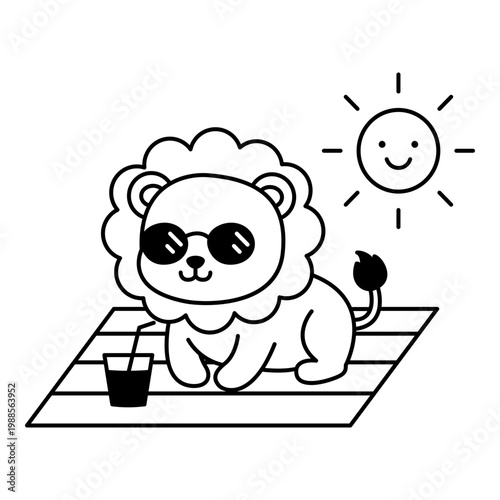 Cute lion is sunbathing enjoying the summer on the beach