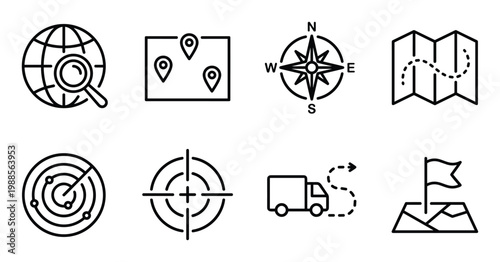 Navigation and travel icons globe magnifying glass map pins compass radar target truck flag.