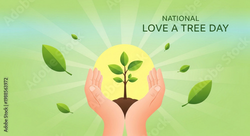 Hands cradling a young tree with green leaves on national love a tree day with a sunny green background