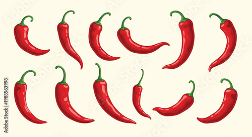 Collection of fresh red hot chili peppers in various shapes and curves isolated on a neutral background for culinary design.