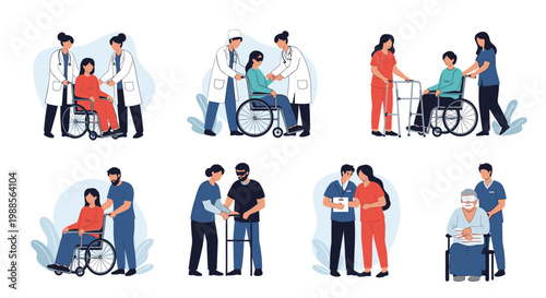 Medical professionals assisting patients in wheelchairs and with walkers in a healthcare or rehabilitation setting.