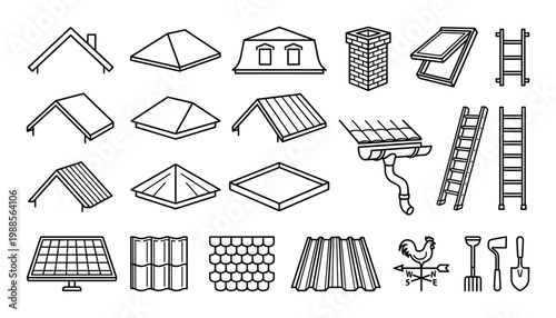 Roof elements and construction details for building design and architecture.
