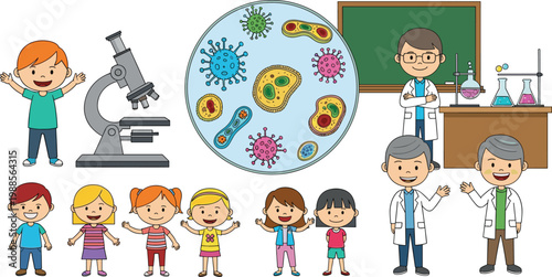 Science Education Cartoon Set with Kids Teachers Microscope and Microorganisms Laboratory Elements for School Learning Vector Illustration Collection
