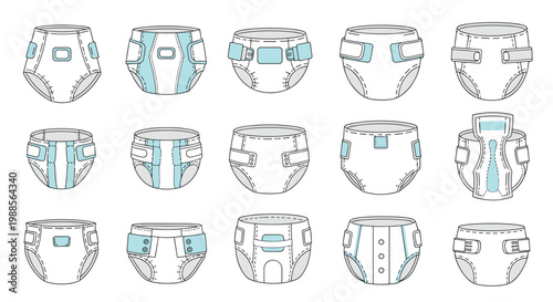 Collection of different styles of diapers and pull up training pants for babies and young children in flat line art on white.