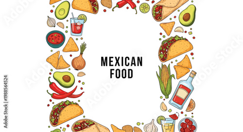 Decorative frame composed of various traditional Mexican food items like tacos, burritos, nachos, and ingredients on white.