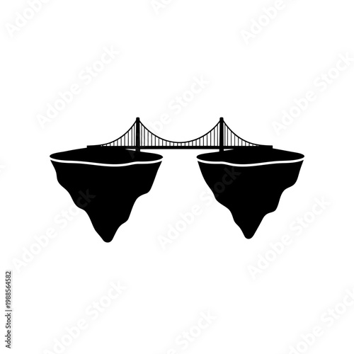 A black silhouette of a suspension bridge connecting two cliffs