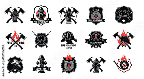 Set of professional fire department logos and firefighting badges featuring hydrants, axes, helmets, and shields for identity design.