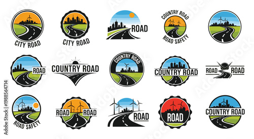 Collection of circular road and highway logos featuring asphalt paths leading through cities and green landscapes.