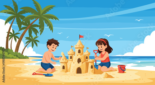 Happy children playing on a sunny beach building a large detailed sandcastle with bucket and spades on a clear day.