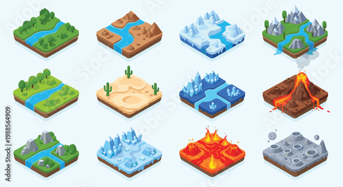 Set of detailed isometric island models representing various ecosystems like rivers, deserts, glaciers, and volcanoes on blue background.