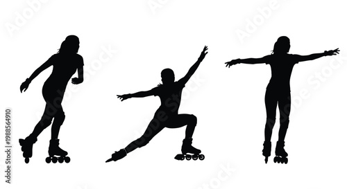 Silhouettes of a young athletic woman performing roller skating poses in various active and dynamic stances