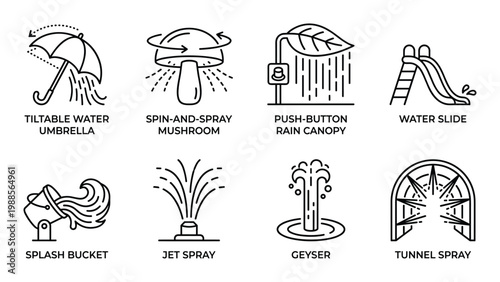 Set of water park features with umbrellas mushrooms slides and fountains for summer recreation.