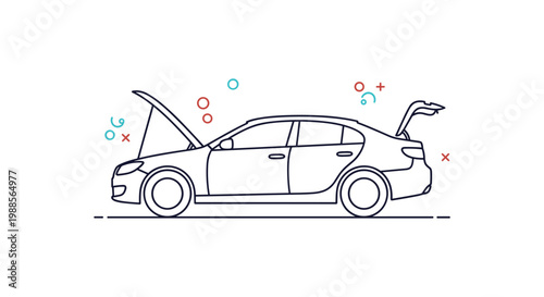 Line art illustration of a modern sedan with its hood and trunk open surrounded by decorative abstract elements on white.