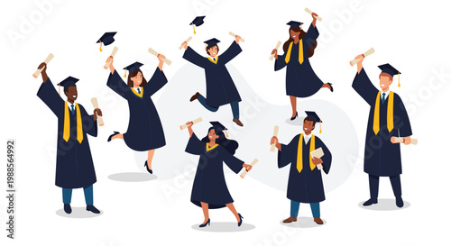 Group of multiethnic university graduates in gowns and caps celebrating their success and tossing diplomas in the air together.
