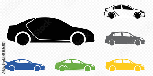 Collection of car silhouettes in various colors and styles seen from side view.