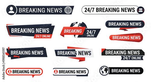 Collection of breaking news lower third banners for television and digital media broadcasting in various professional styles and layouts.