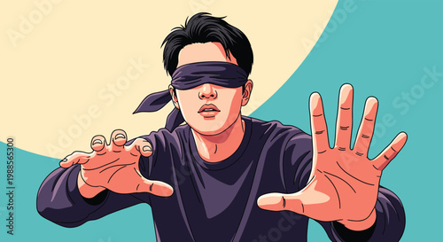 Blindfolded male character in a dark purple shirt navigating with his sense of touch in a stylized illustration.
