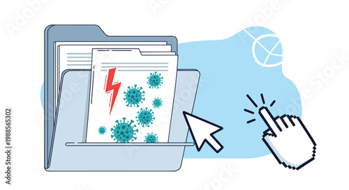 Computer security concept showing a malware attack or virus infection on system files during a user interaction.