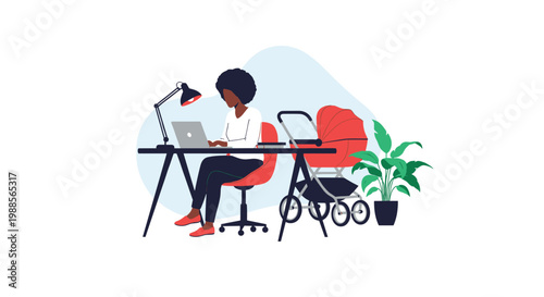 Multitasking mother working as a freelancer on her computer with a baby pram in her modern home office workspace.