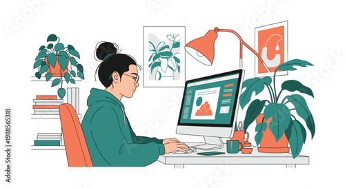 Creative professional woman focusing on her work in a cozy, plant filled workspace with a modern computer setup.