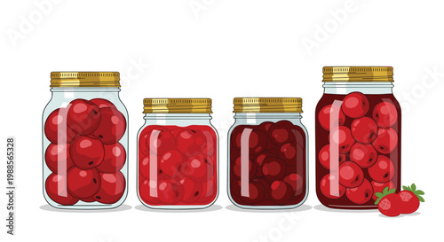 Glass jars of various sizes filled with preserved red cherries and fresh strawberries on a white background for homemade food storage.