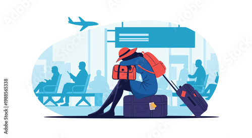 Exhausted traveler waiting for a delayed flight at a busy airport terminal with luggage and people silhouettes.