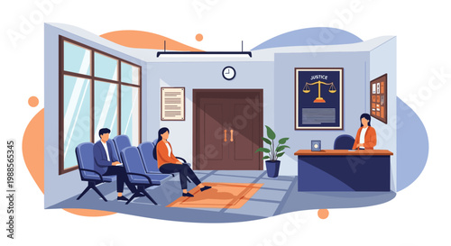 Diverse group of people sitting in the waiting room of a courthouse or justice office near a reception desk.