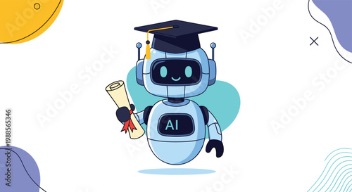 Smart robot character celebrates academic success by wearing a graduation cap and holding a rolled diploma.