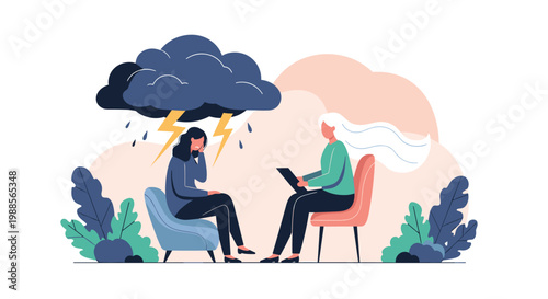 Young woman discusses her problems during a therapy session while a storm cloud symbolizes her depression.