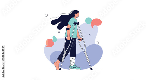 Determined woman walks using crutches with her leg in a cast as part of her physical rehabilitation process.