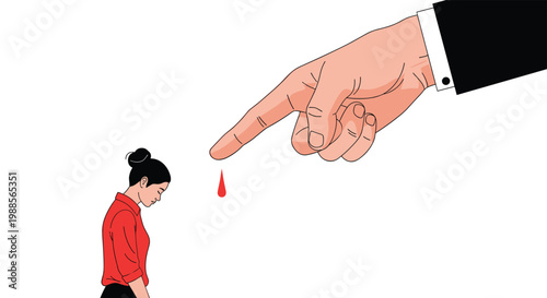 Large hand points an accusing finger at a small woman to represent social blame, judgment, and victimization.