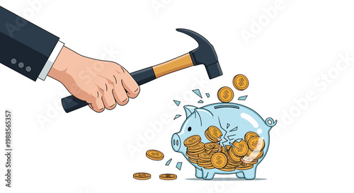 Businessman uses a hammer to break a glass piggy bank filled with gold coins representing financial crisis.