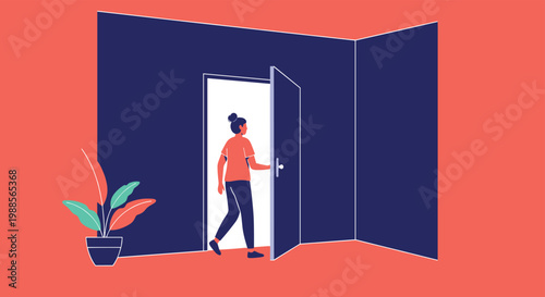 Brave woman enters a dark room through an open door symbolizing a step into the unknown or a new beginning.