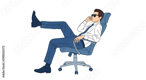 Confident businessman wearing sunglasses relaxes in his office chair with his feet up after a busy workday.