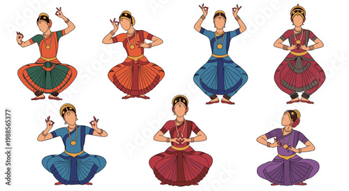 Collection of female dancers performing traditional Indian classical dance bharatanatyam in various graceful poses and colorful attire.