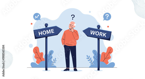 Confused elderly man stands between two signs pointing toward home or work while contemplating retirement.