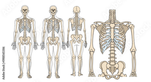 Detailed diagrams of the human skeletal system showing front, back, and side views along with a close-up anatomical view of the rib cage.