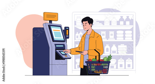 Customer uses an automated self-checkout machine in a grocery store to scan and pay for fresh vegetables.