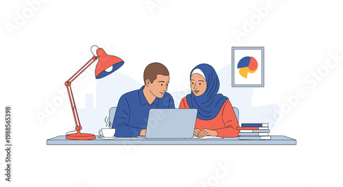 Diverse colleagues including a woman in a hijab work together on a laptop project in a modern office space.