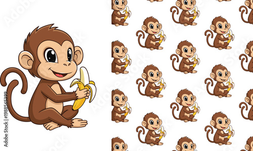 Cute Monkey with Banana Seamless Pattern and Cartoon Jungle Animal Character Smiling Primate Vector Illustration for Kids Design